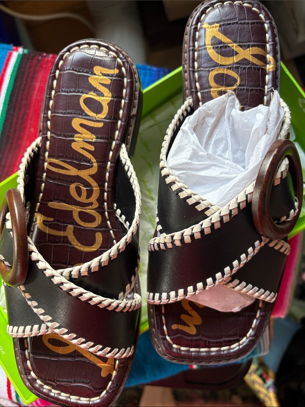 Sam Edelman Brown Leather Whipstitch Slide Mules with Buckle